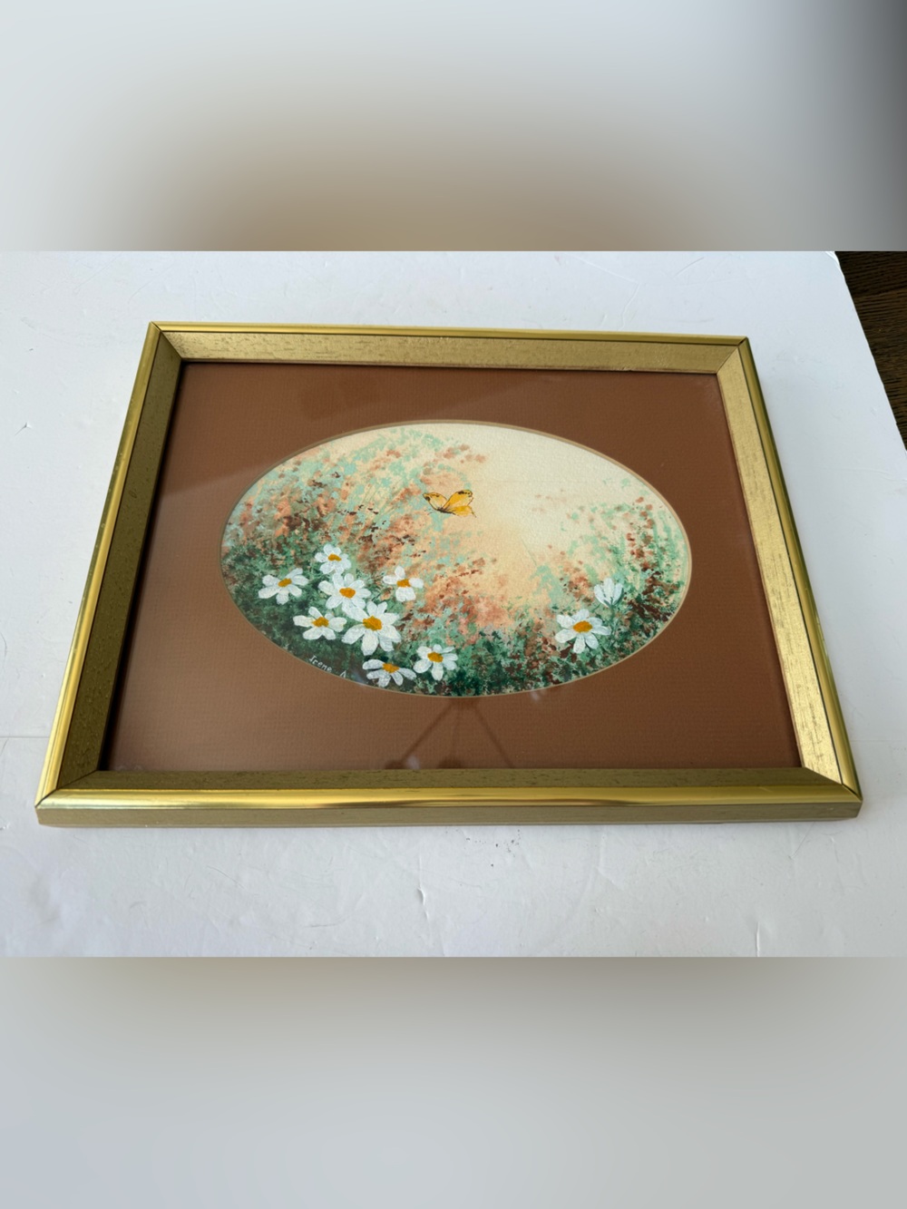 Vintage MCM Original Oil on Canvas Painting Signed by Artist Butterfly Daisies